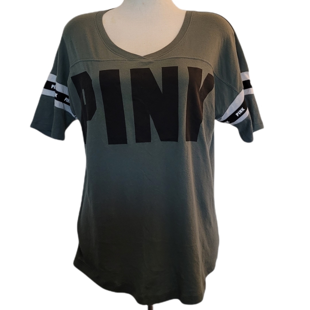 PINK Victoria's Secret Olive Green Applique Football Tee XS